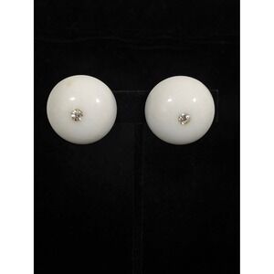 Vintage White Lucite Style Dome Clip On Earrings Rhinestone Accent